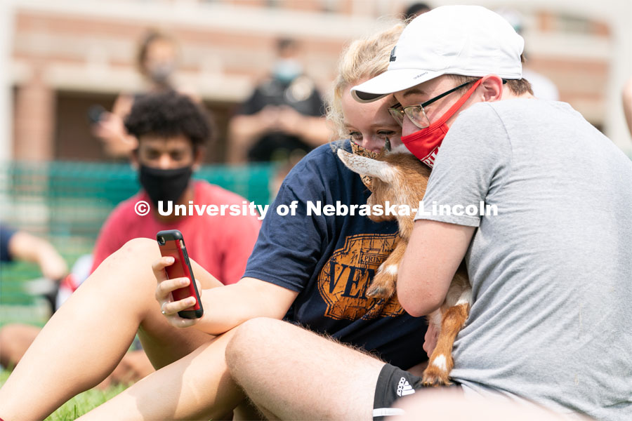 Freshman Meredith Game (left) and Freshman Ian Mitchell (right) take a selfie together with a goat during Wellness Fest at Meier Commons. August 22, 2020. Photo by Jordan Opp for University Communication.