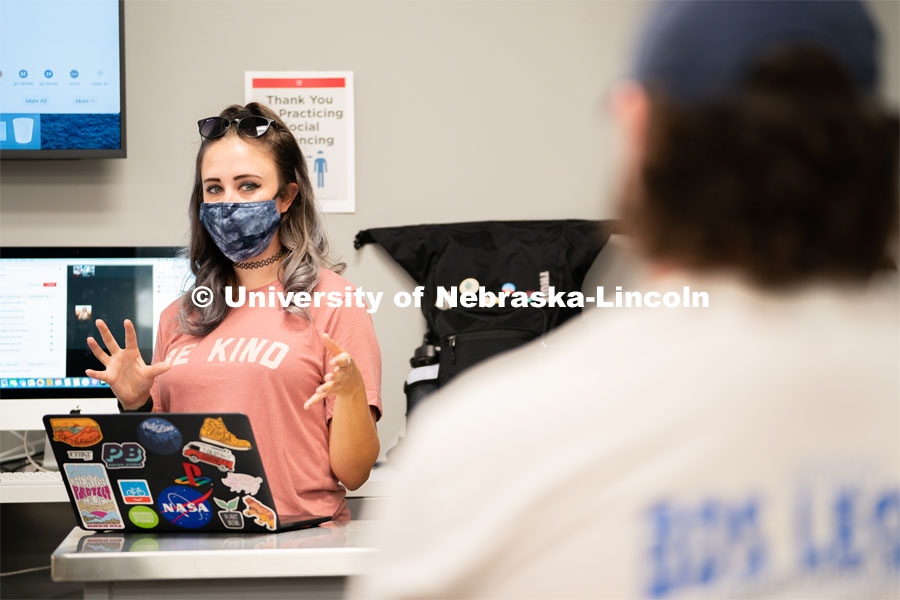 Professor Karley Johnson speaks to students inside of Andersen Hall during the first day of in-person instruction at the University of Nebraska-Lincoln on Monday, August 24, 2020. Photo by Jordan Opp for University Communication.