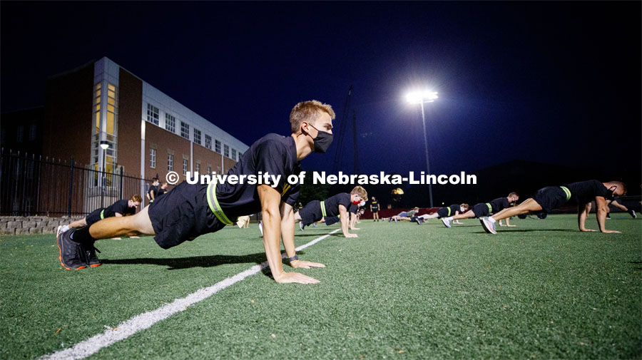 Army ROTC cadets get a jump on the school year at their first physical training regimen at 5:45 a.m. on the Mabel Lee Fields. First day for in-person learning for the fall semester. August 24, 2020. Photo by Craig Chandler / University Communication.