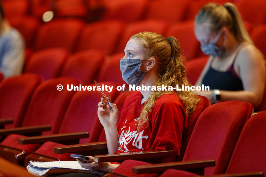 Students listen to lecturer Trisha Vickrey during her Organic Chemistry lecture in the Lied Center. First day for in-person learning for the fall semester. August 24, 2020. Photo by Craig Chandler / University Communication.