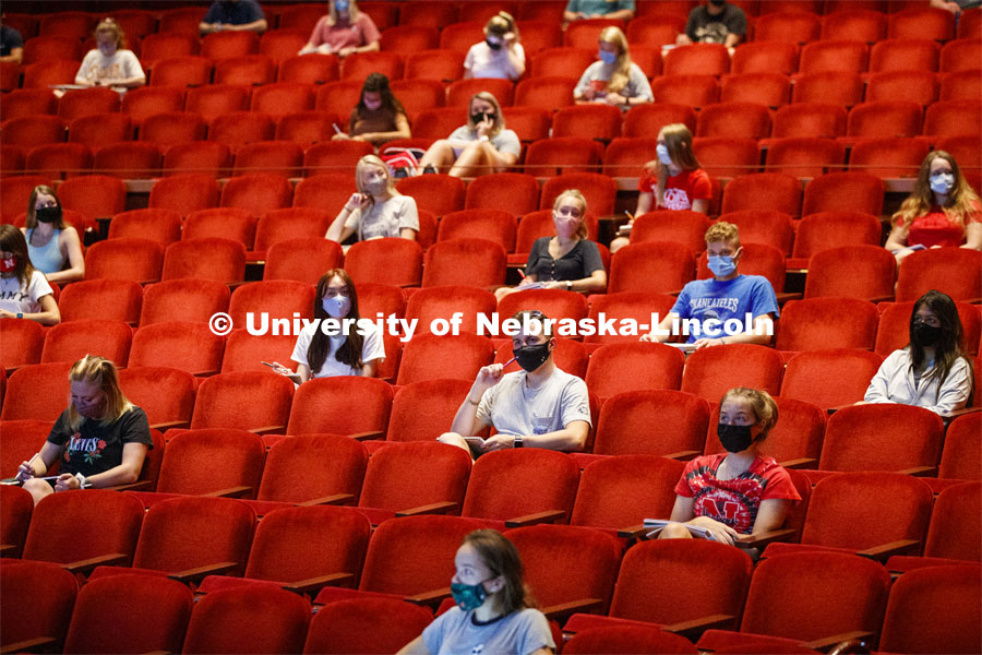 Students listen to lecturer Trisha Vickrey during her Organic Chemistry lecture in the Lied Center. First day for in-person learning for the fall semester. August 24, 2020. Photo by Craig Chandler / University Communication.