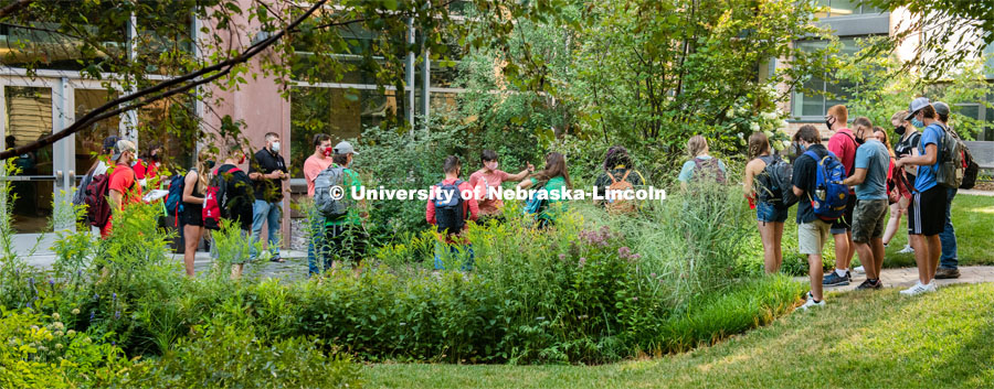 Kim Todd lectures to students on plants in the courtyard of the Plant Science building. First day of in-person learning for the fall semester. August 24, 2020. Photo by Gregory Nathan / University Communication.
