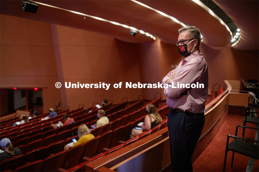 Chancellor Ronnie Green stands in the back of a class held inside the Lied Center. First day for in-person learning for the fall semester. August 24, 2020. Photo by Craig Chandler / University Communication.