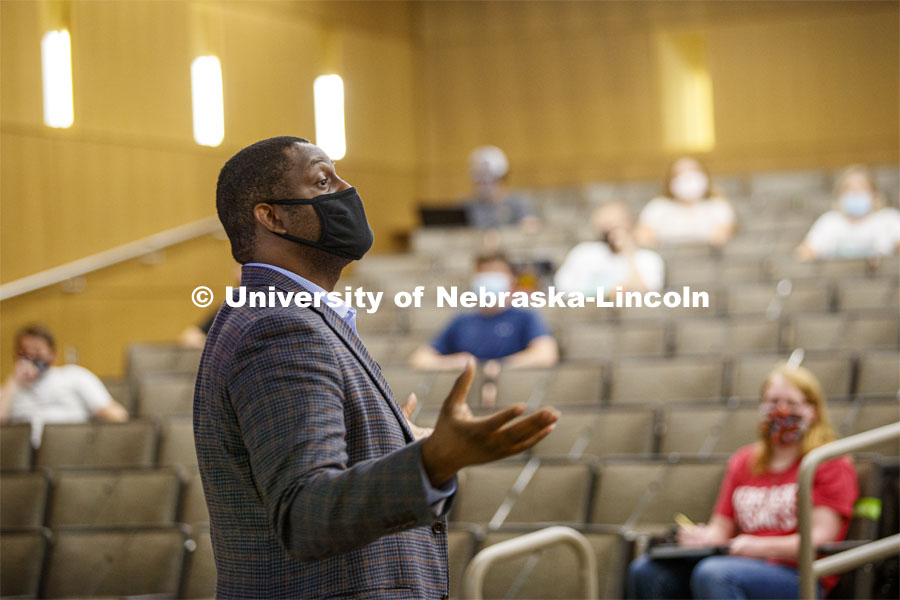 Uche Jarrett teaches Intro to International Economics in the College of Business. First day for in-person learning for the fall semester. August 24, 2020. Photo by Craig Chandler / University Communication.
