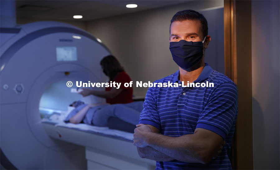 Nebraska’s Tim Nelson has received a new five-year grant to extend research into obesity. One component of it is to test subjects at the Center for Brain, Biology and Behavior by having the test subject in an MRI receiving sips of milkshakes. September 1, 2020. Photo by Craig Chandler / University Communication.