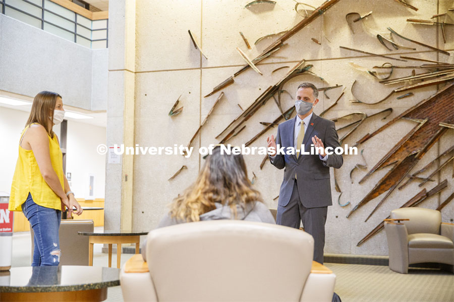Dean, Richard Moberly, talks with students in the College of Law. Nebraska Law College photo shoot. September 3, 2020. Photo by Craig Chandler / University Communication.