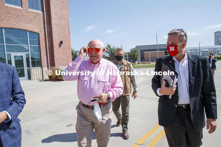 United States Secretary of Agriculture Sonny Perdue and UNL Chancellor Ronnie Green leave the Nebraska Agricultural Innovation Panel at Nebraska Innovation Campus. September 4, 2020. Photo by Craig Chandler / University Communication.