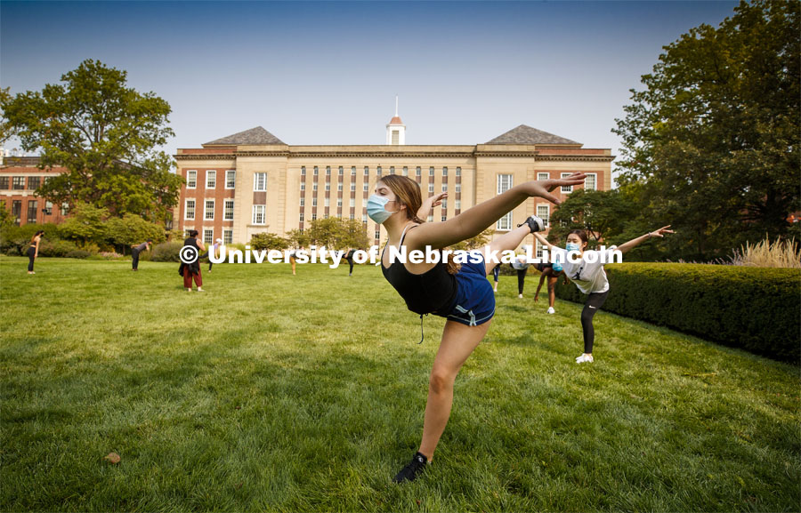 Sarah Mathis, a freshman from Lincoln, dances in Susan L Ourada's Modern Dance I class outside Love Library. September 17, 2020. Photo by Craig Chandler / University Communication