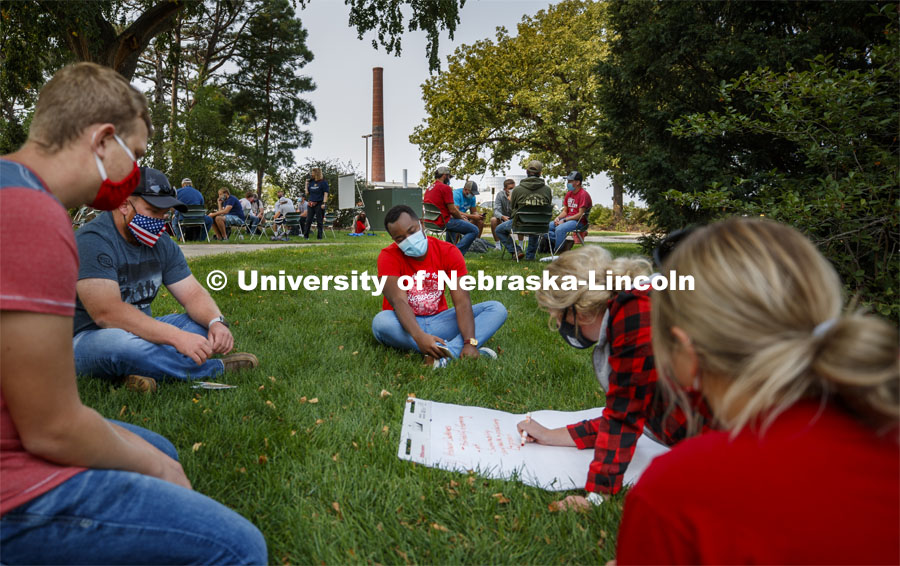 Student work in groups to brainstorm their strategies. Assistant Professor Andrea Basche teachers her AGRO 405 - Crop Management Strategies class in the green space west of the Plant Sciences Hall. September 17, 2020. Photo by Craig Chandler / University Communication.