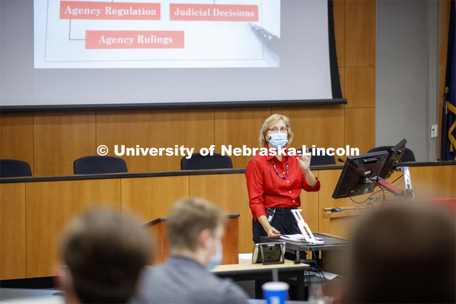 Colleen Medill, Professor, College of Law, teaches property law in the college auditorium. September 17, 2020. Photo by Craig Chandler / University Communication.