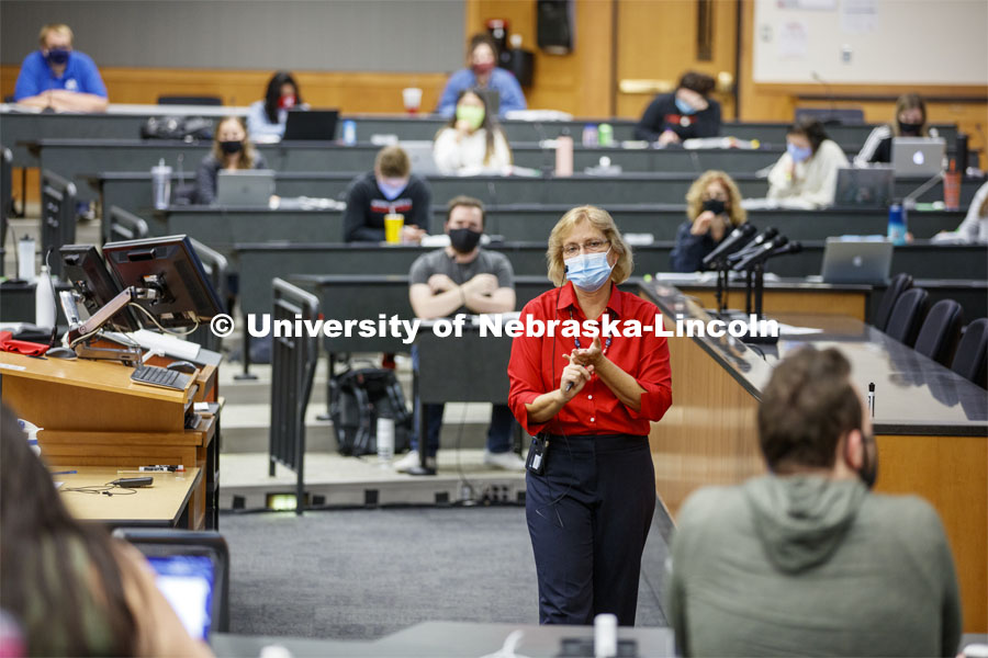 Colleen Medill, Professor, College of Law, teaches property law in the college auditorium. September 17, 2020. Photo by Craig Chandler / University Communication.
