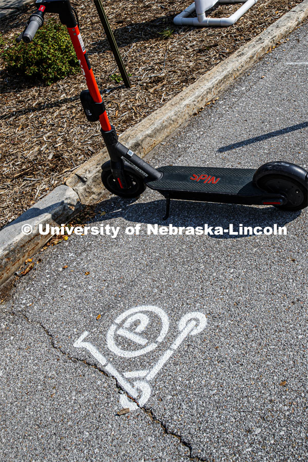 Scooter parking. Electric scooters are a new mode of transportation being made available to our students, faculty and staff. September 21, 2020. Photo by Craig Chandler / University Communication.
