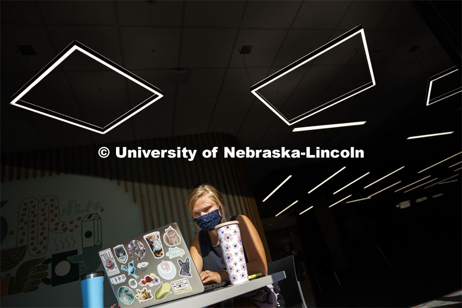 Alexandra Schroder, a senior in Nutritional Science and Dietetics from Holdrege, Nebraska, studies in the newly renovated Nebraska East Union on East Campus. September 25, 2020. Photo by Craig Chandler / University Communication.