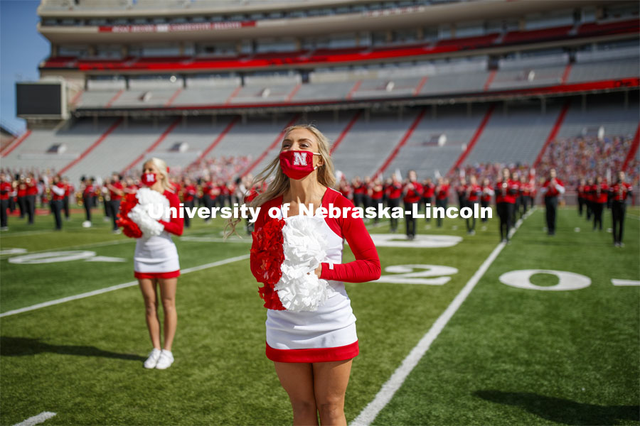 Cornhusker Marching Band, Cheer Squad and Homecoming Royalty met in the empty Memorial Stadium to record performances that will air during Husker football games on the Big 10 Network during the upcoming season. October 18, 2020. Photo by Craig Chandler / University Communication.