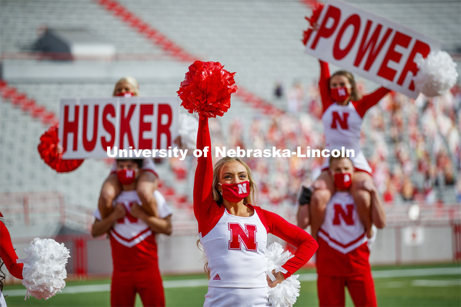 Cornhusker Marching Band, Cheer Squad and Homecoming Royalty met in the empty Memorial Stadium to record performances that will air during Husker football games on the Big 10 Network during the upcoming season. October 18, 2020. Photo by Craig Chandler / University Communication.