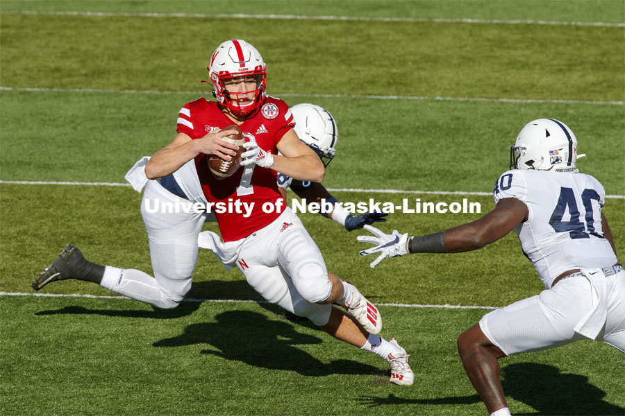 Luke McCaffrey cuts between the Penn State defense. Nebraska v. Penn State football. November 14, 2020. Photo by Craig Chandler / University Communication.