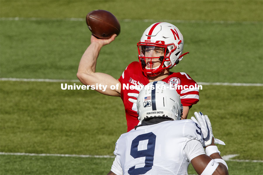 Luke McCaffrey passes in the first quarter. Nebraska v. Penn State football. November 14, 2020. Photo by Craig Chandler / University Communication.