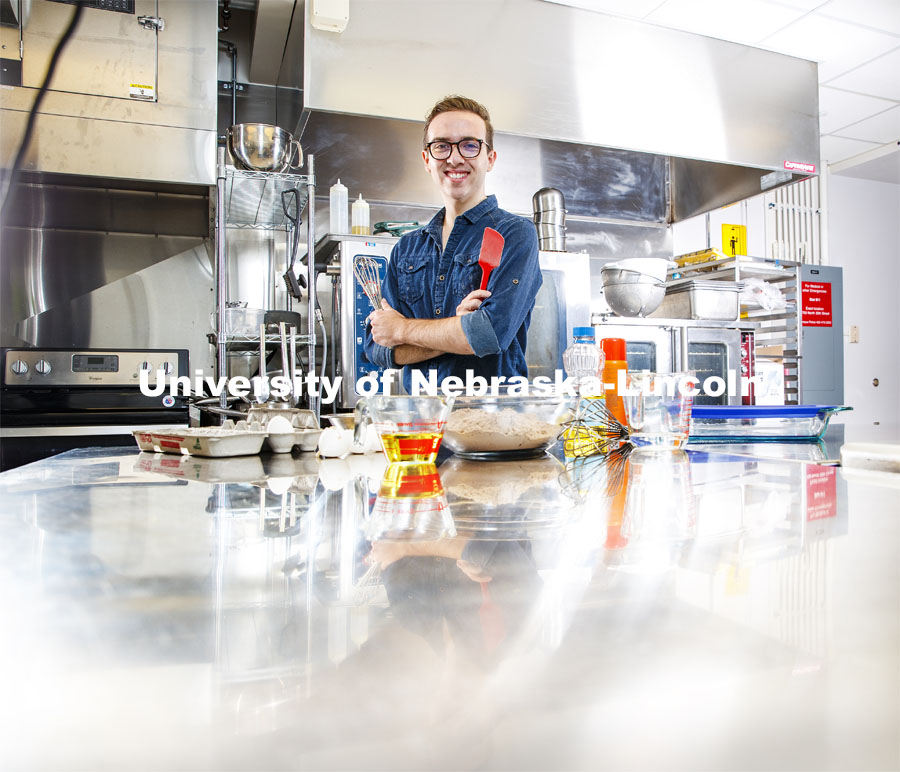 William Wilton, a sophomore in Child, Youth and Family Studies, in the Leverton Hall kitchen. Photo for NU Foundation Pride of Place Magazine. November 23, 2020. Photo by Craig Chandler / University Communication.