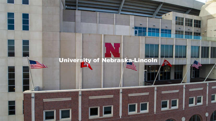 Flags on the East Stadium. American and Husker flags. December 1, 2020. Photo by Craig Chandler / University Communication.