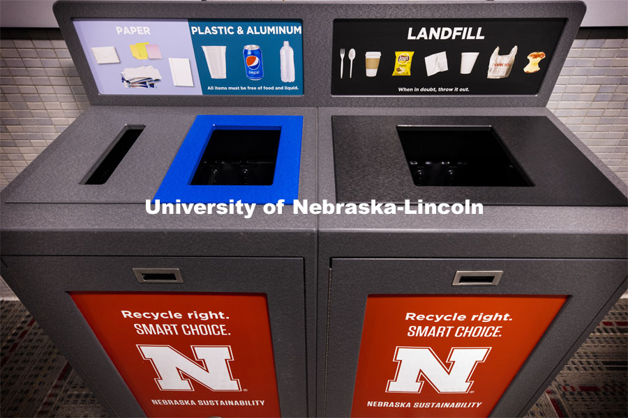 The Office of Sustainability is installing the new recycling stations in eight pilot buildings on all three campuses during break. December 1, 2020. Photo by Craig Chandler / University Communication.
