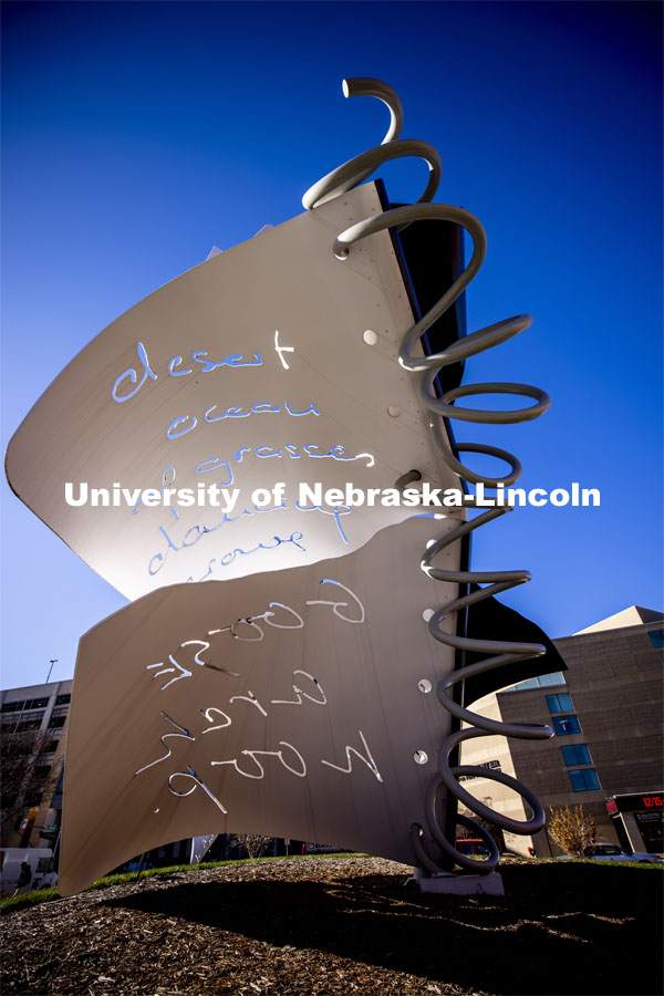 Torn Notebook sculpture on city campus. December 1, 2020. Photo by Craig Chandler / University Communication.