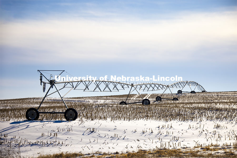 Snowy center pivot amidst the corn stubble in Lancaster County. January 2, 2021. Photo by Craig Chandler / University Communication.