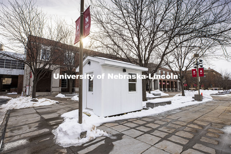 Testing pod by Nebraska Union. Pods are springing up on campus for the new saliva-based COVID tests all students, faculty and staff on campus will do this semester. January 5, 2021. Photo by Craig Chandler / University Communication.