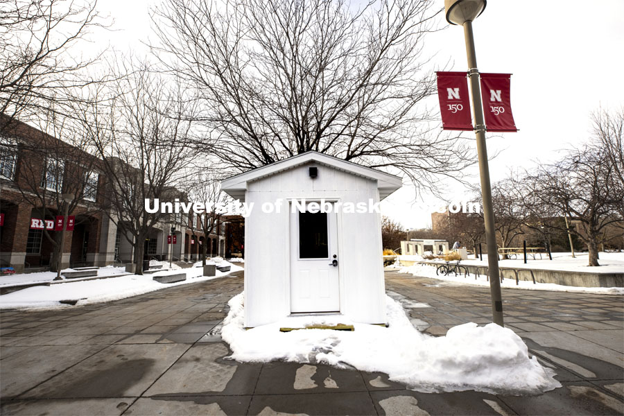 Testing pod by Nebraska Union. Pods are springing up on campus for the new saliva-based COVID tests all students, faculty and staff on campus will do this semester. January 5, 2021. Photo by Craig Chandler / University Communication.