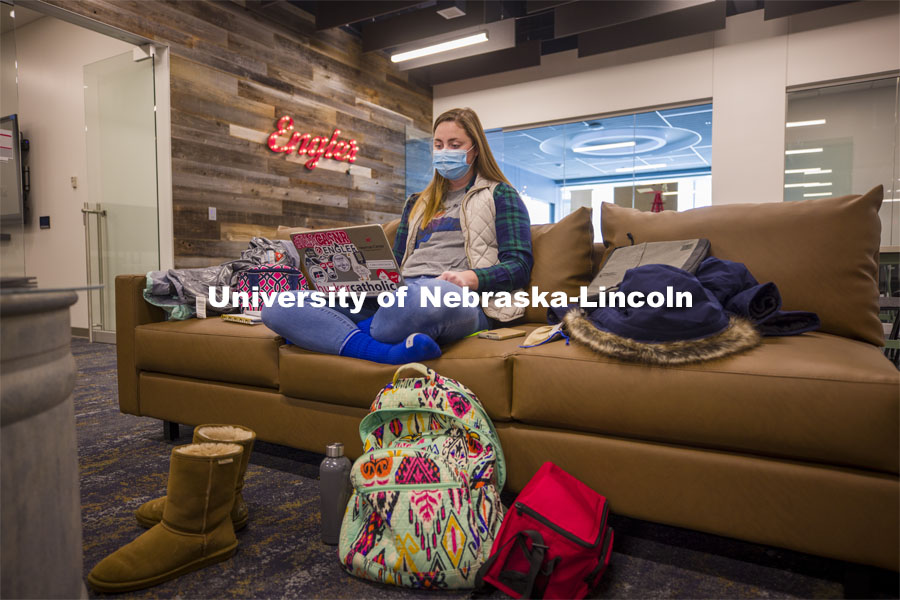 Lucy Kimball studies in the new Engler Agribusiness Entrepreneurship Program space on the second floor of the Dinsdale Family Learning Commons on East Campus. January 28, 2021. Photo by Craig Chandler / University Communication.