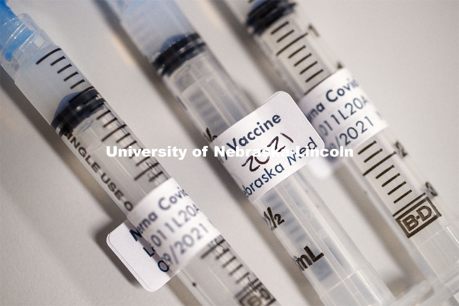 Syringes and vials of Moderna COVID-19 Vaccine. University Health Center and UNMC College of Nursing students, staff, and faculty receive their first COVID vaccine. January 29, 2021. Photo by Craig Chandler / University Communication.