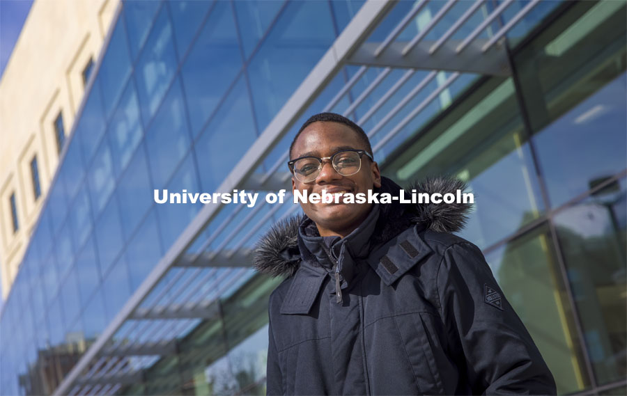 Jared Oney, a first-year student from Aurora, Colorado, chose the University of Nebraska–Lincoln after receiving scholarship support. "(The scholarship) made me feel appreciated as a student," he said.  Pictured in front of Hawks Hall. February 9, 2021. Photo by Craig Chandler / University Communication