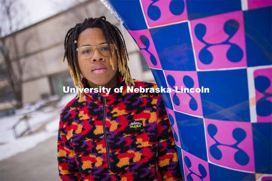 Nebraska's Da'Von George, a graphic design major in the Hixson-Lied College of Fine and Performing Arts, is walking a path toward becoming a role model for others. February 10, 2021. Photo by Craig Chandler / University Communication.