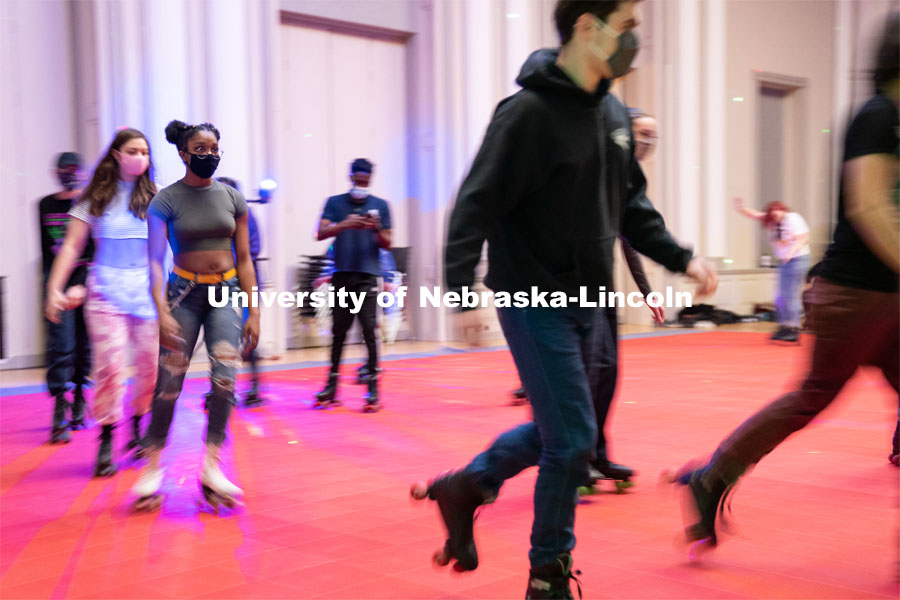 Students skate during the Club 80 Roller Skating Event in the Nebraska Union Ballroom on Friday, February 19, 2021, in Lincoln, Nebraska. Photo by Jordan Opp for University Communication.