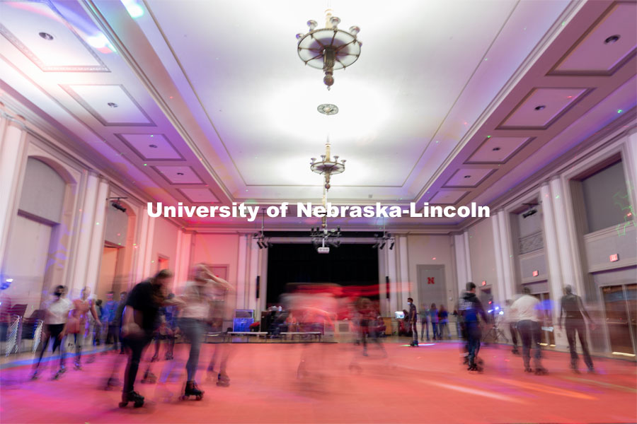 Students skate during the Club 80 Roller Skating Event in the Nebraska Union Ballroom on Friday, February 19, 2021, in Lincoln, Nebraska. Photo by Jordan Opp for University Communication.