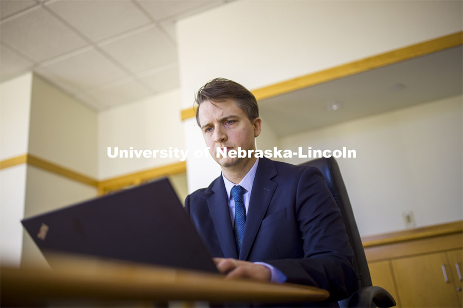 Kyle Langvardt, Assistant Professor for the College of Law, specializes in first amendment law. Nebraska Law College. February 23, 2021. Photo by Craig Chandler / University Communication.