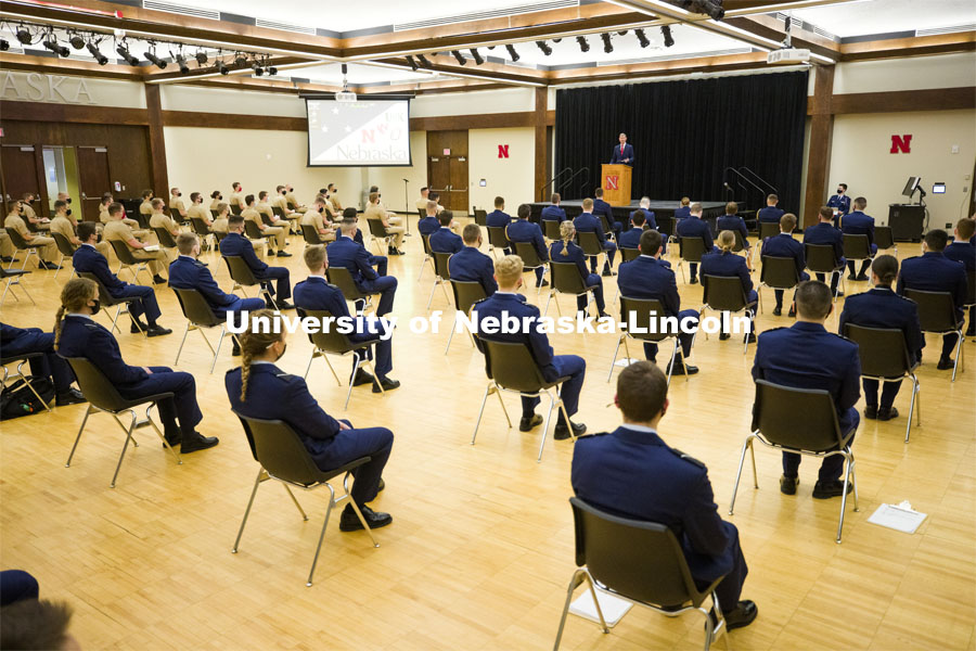 President Ted Carter addresses the Air Force and Navy ROTC Cadets in the Union’s Centennial Hall. March 4, 2021. Photo by Craig Chandler / University Communication.