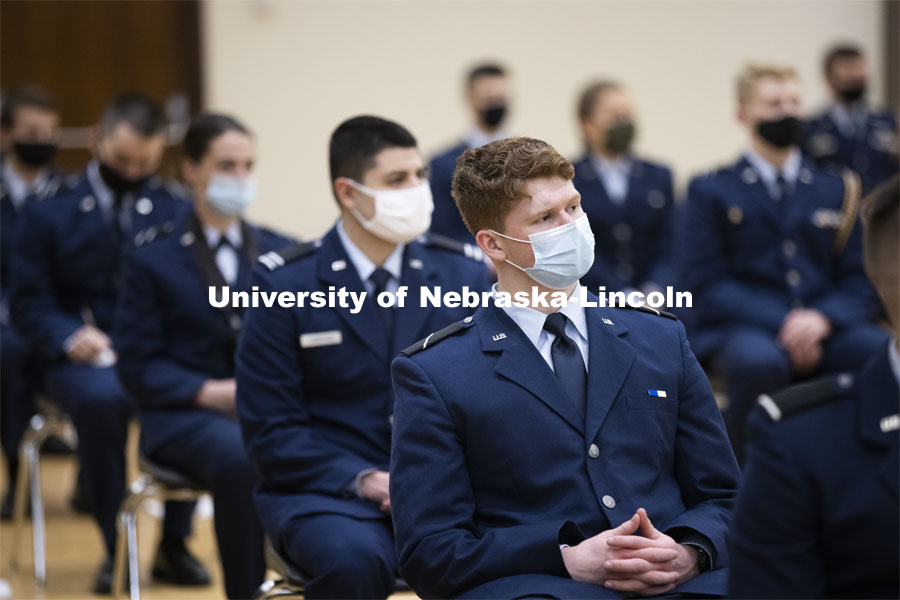 President Ted Carter addresses the Air Force and Navy ROTC Cadets in the Union’s Centennial Hall. March 4, 2021. Photo by Craig Chandler / University Communication.