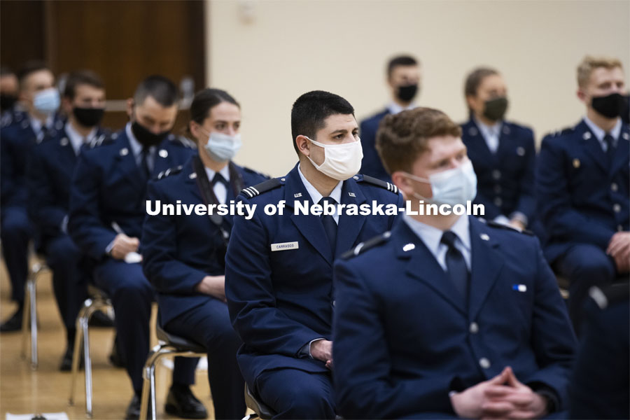 President Ted Carter addresses the Air Force and Navy ROTC Cadets in the Union’s Centennial Hall. March 4, 2021. Photo by Craig Chandler / University Communication.