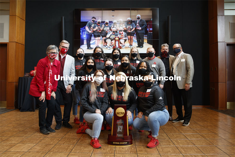 The Husker Bowling Team poses with their NCAA Bowling trophy. Chancellor Ronnie Green and Jane Green hosted a luncheon for the national champion bowling team. April 22, 2021. Photo by Craig Chandler / University Communication.