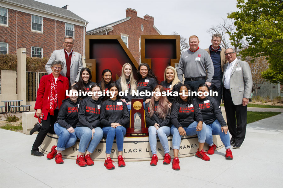 The Husker Bowling Team poses with their NCAA Bowling trophy. Chancellor Ronnie Green and Jane Green hosted a luncheon for the national champion bowling team. April 22, 2021. Photo by Craig Chandler / University Communication.