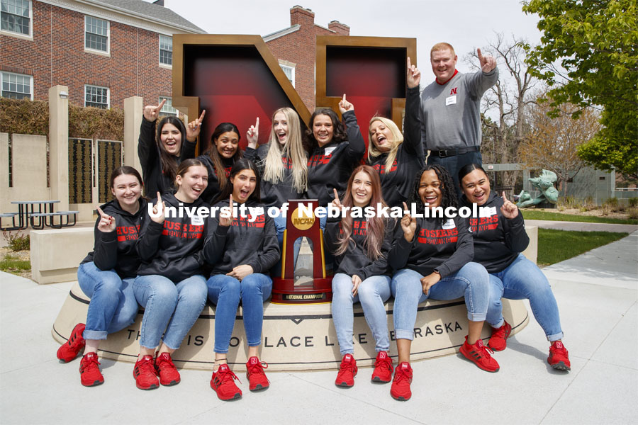 The Husker Bowling Team poses with their NCAA Bowling trophy. Chancellor Ronnie Green and Jane Green hosted a luncheon for the national champion bowling team. April 22, 2021. Photo by Craig Chandler / University Communication.