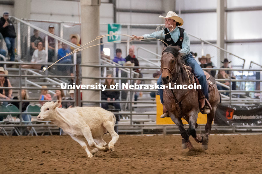 Nebraska’s Grant Lindsley competes in the tie down roping event at the Nebraska Cornhusker College Rodeo at the Lancaster Event Center. April 24, 2021. Photo by Jordan Opp for University Communications.