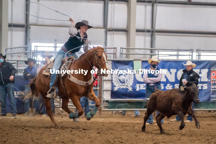 Nebraska’s Jacee De Vries competes in the breakaway roping event at the Nebraska Cornhusker College Rodeo at the Lancaster Event Center. April 24, 2021. Photo by Jordan Opp for University Communications.