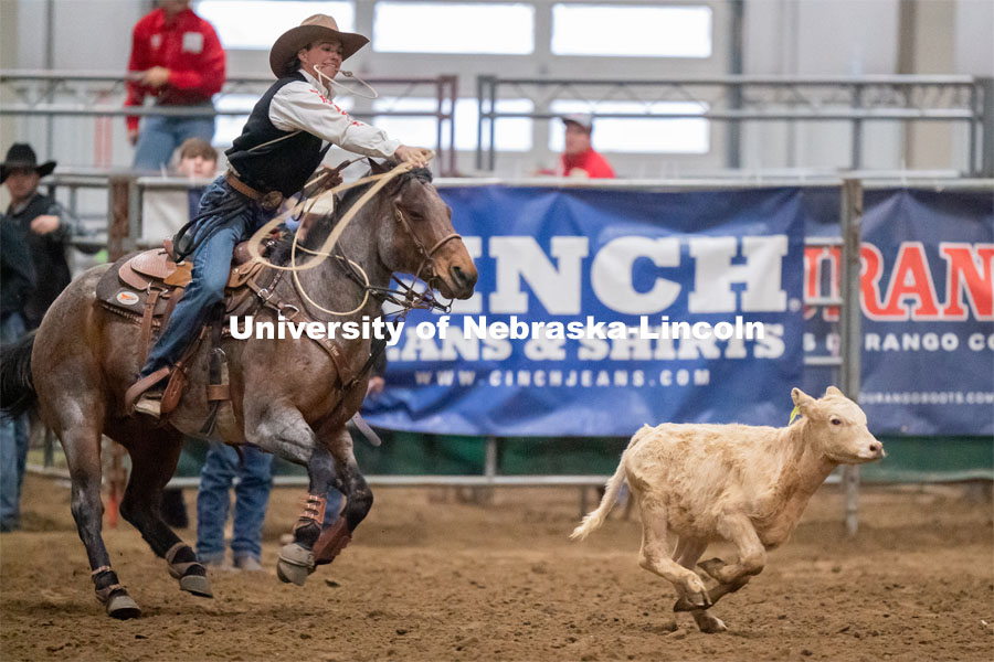 Nebraska’s Grant Lindsley throws his rope during the tie down roping event at the Nebraska Cornhusker College Rodeo at the Lancaster Event Center. April 24, 2021. Photo by Jordan Opp for University Communications.
