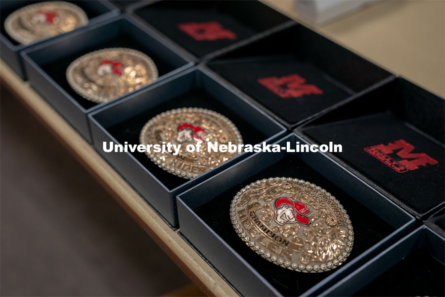 The medals that will be given to the winners of each event at end of the Nebraska Cornhusker College Rodeo at the Lancaster Event Center. April 24, 2021. Photo by Jordan Opp for University Communications.