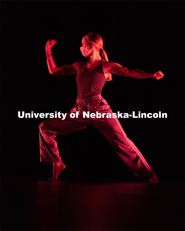 A University of Nebraska-Lincoln dance student performs a dance routine during a dress rehearsal of “An Evening of Dance”. April 27, 2021. Photo by Jordan Opp for University Communication.