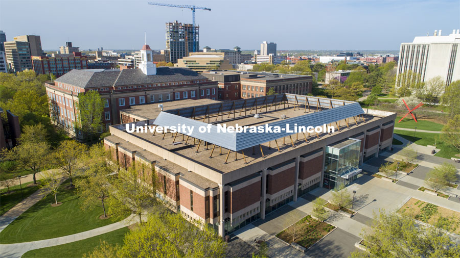 Love Library North will be under construction this summer. The freestanding columns and horizontal beams will be removed along with the roof facade. April 27, 2021. Photo by Craig Chandler / University Communication.