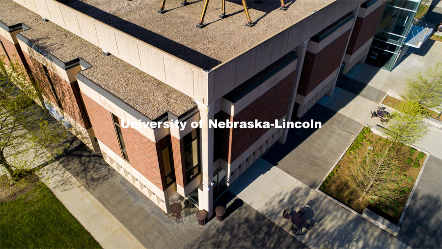 Love Library North will be under construction this summer. The freestanding columns and horizontal beams will be removed along with the roof facade. April 27, 2021. Photo by Craig Chandler / University Communication.