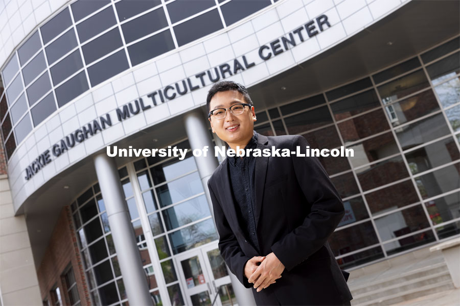Tamayo Zhou for APIDA Heritage Month story. Zhou poses in front of the Jackie Gaughan Multicultural Center. April 27, 2021. Photo by Craig Chandler / University Communication.