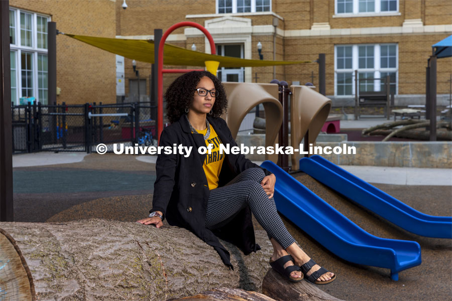 Brianna Miller, an elementary and early childhood education major, poses on a playground an ASEM recruiting story. April 28, 2021. Photo by Craig Chandler / University Communication.